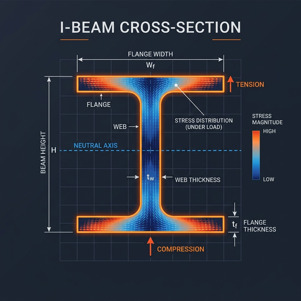 Abstract I-Beam stress distribution diagram showing material efficiency