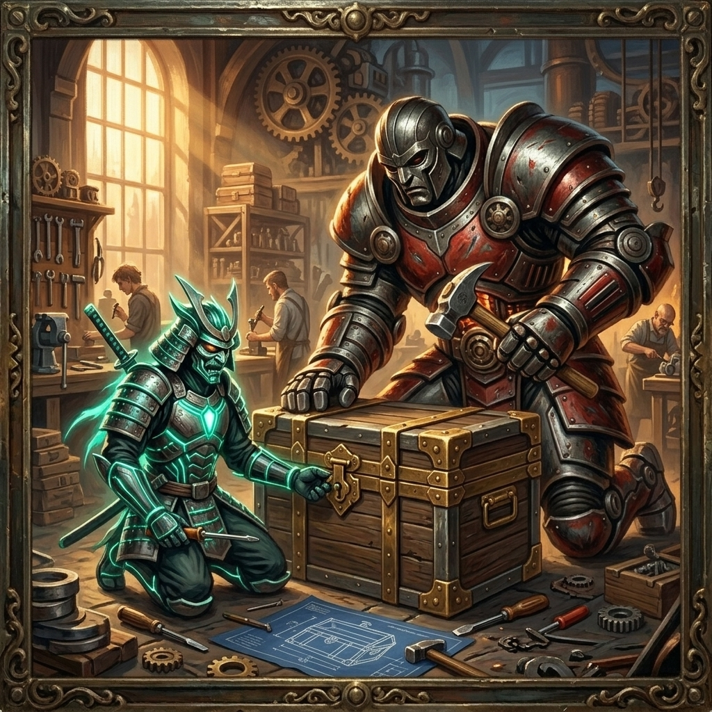Samurai and Goliath working together to build a toolbox