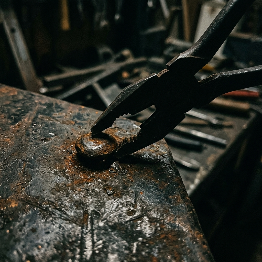 Abstract dark silhouette of standard flat pliers slipping off a screw