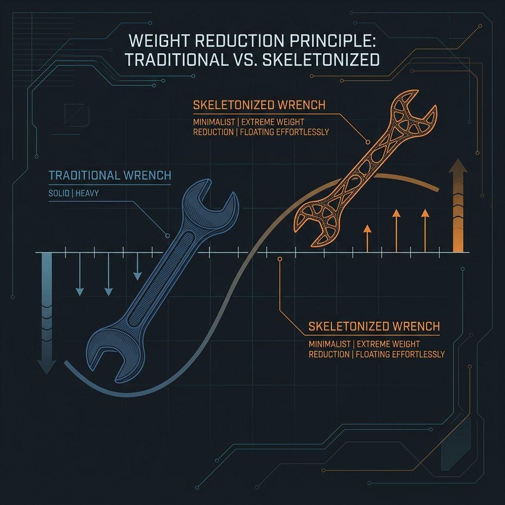 Abstract diagram showing extreme weight reduction of Asahi Lightool compared to standard tools